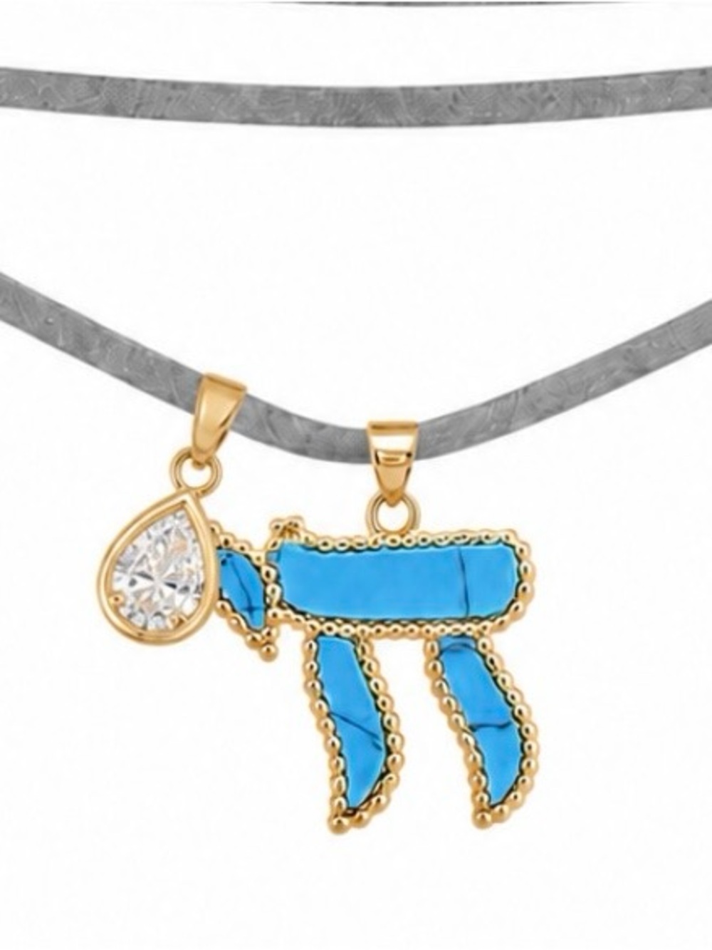 Gold & Turquoise Hamsa Charm Necklace with Teardrop Crystal Pendant